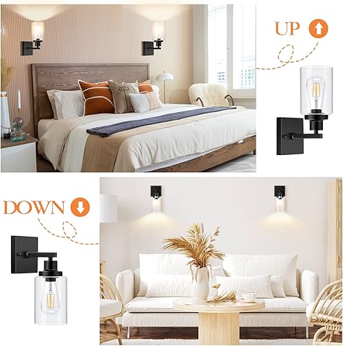 Miniatura 4 de Towallmark Juego de 2 apliques de pared para baño, lámparas de iluminación de pared negro mate, luces de pared de granja con pantalla de vidrio