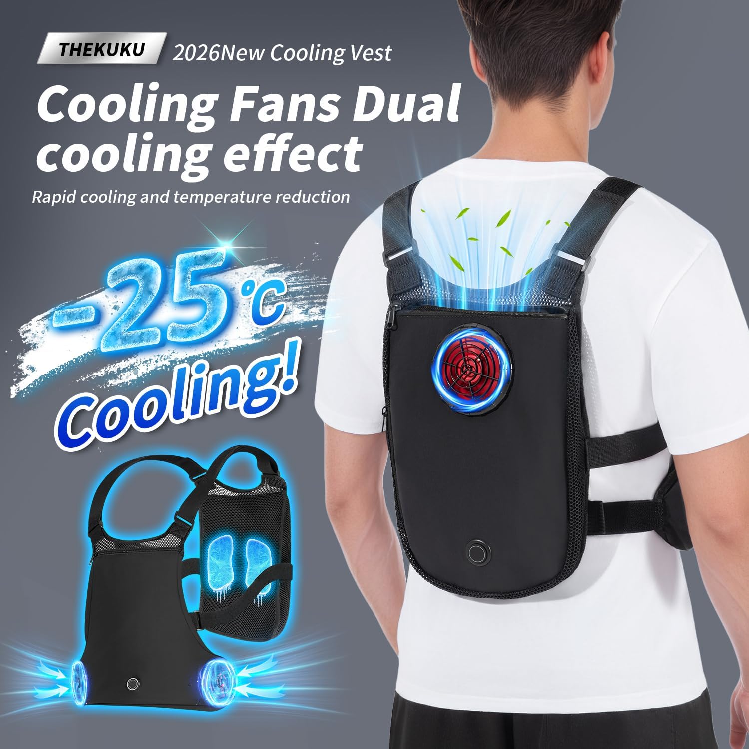 THEKUKU Cooling Vest with 3 Fans Cooling Plate, Portable Wearable Fan with Large Capacity Battery, Adjustable Air Conditioner Vest for Outdoor Working,Running,Cycling(Black)