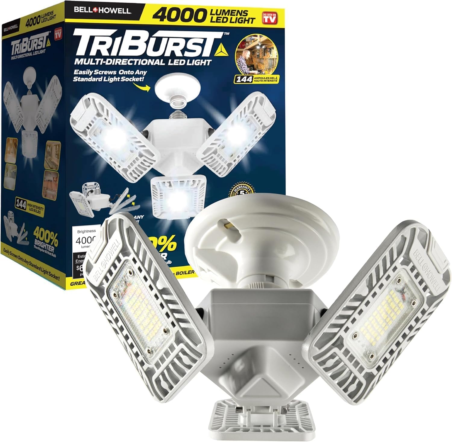 Bell+Howell Triburst Screw in LED Garage Lights, 4000LM LED Shop Lights for Garage, Shed, Attic, Screw-in E26/E27, 3 Light Panels, Easy to Install, 4000K