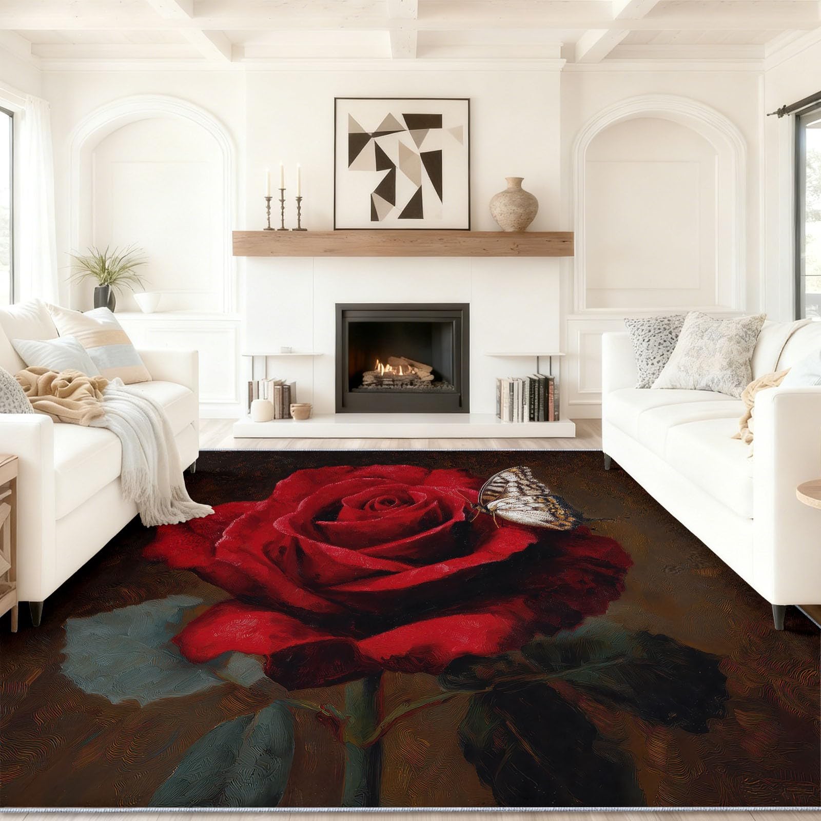 Tapis lavable 100x150 rouge avec fleurs roses imprimé à faible poil