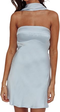 Women Halter Bodycon Short Dresses with Scarf Strapless Tube Top Mini Dress Silk Backless Formal Party Dresses