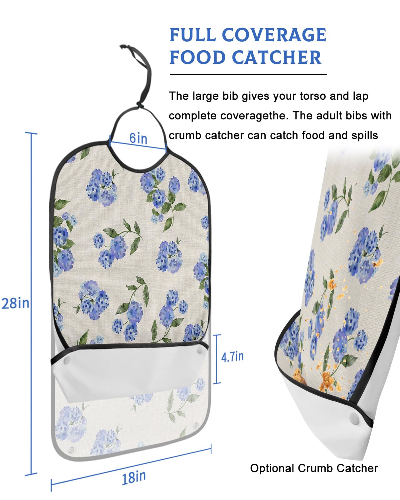 LEOKOTI Blue Spring Floral Adult Bibs for Eating, Waterproof Bibs with Food Catcher & Snap Closure, Pastoral Summer Botanical Flowers Rustic Washable Clothing Protectors Adult Bibs for Elderly