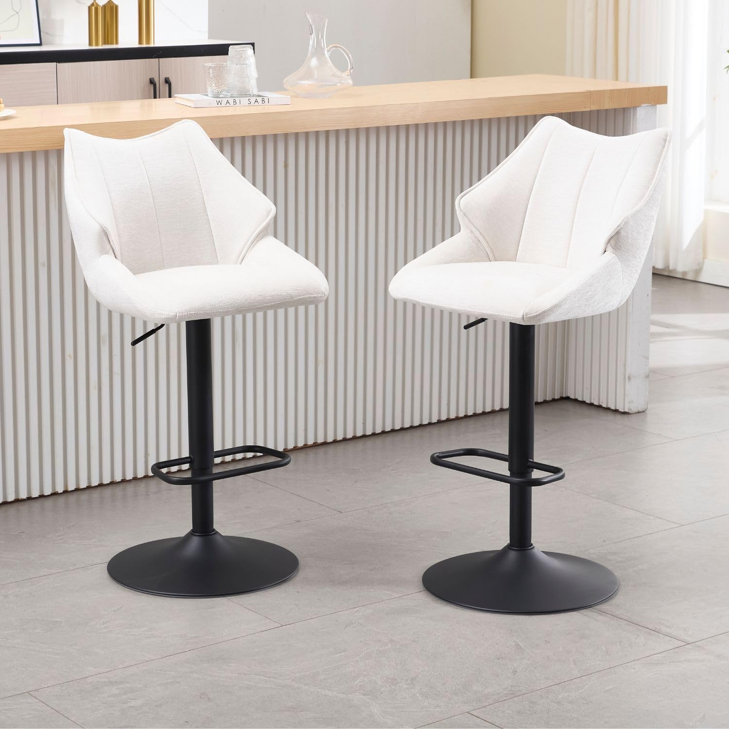 Set of 2 Bar Stools with Height-Adjustable Support, High Stools with Soft Cushion and L-Shaped Back, Bar Chair for Living Room/Bar/Restaurant, White