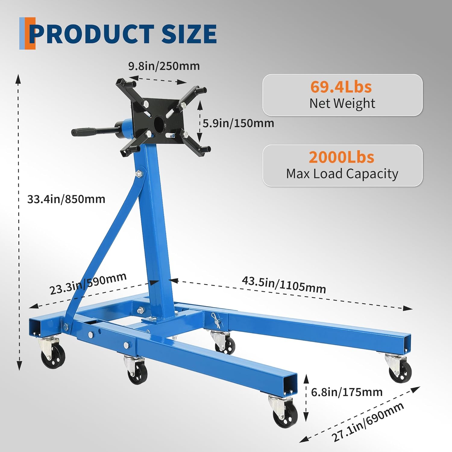 GarveeTech Heavy Duty Engine Stand,2000 LBS Capacity,Foldable Engine Motor Stand with 360-Degree Rotating Head,4 -Adjustable Arms & 6-Casters,for Vehicle Maintenance and Auto Repair