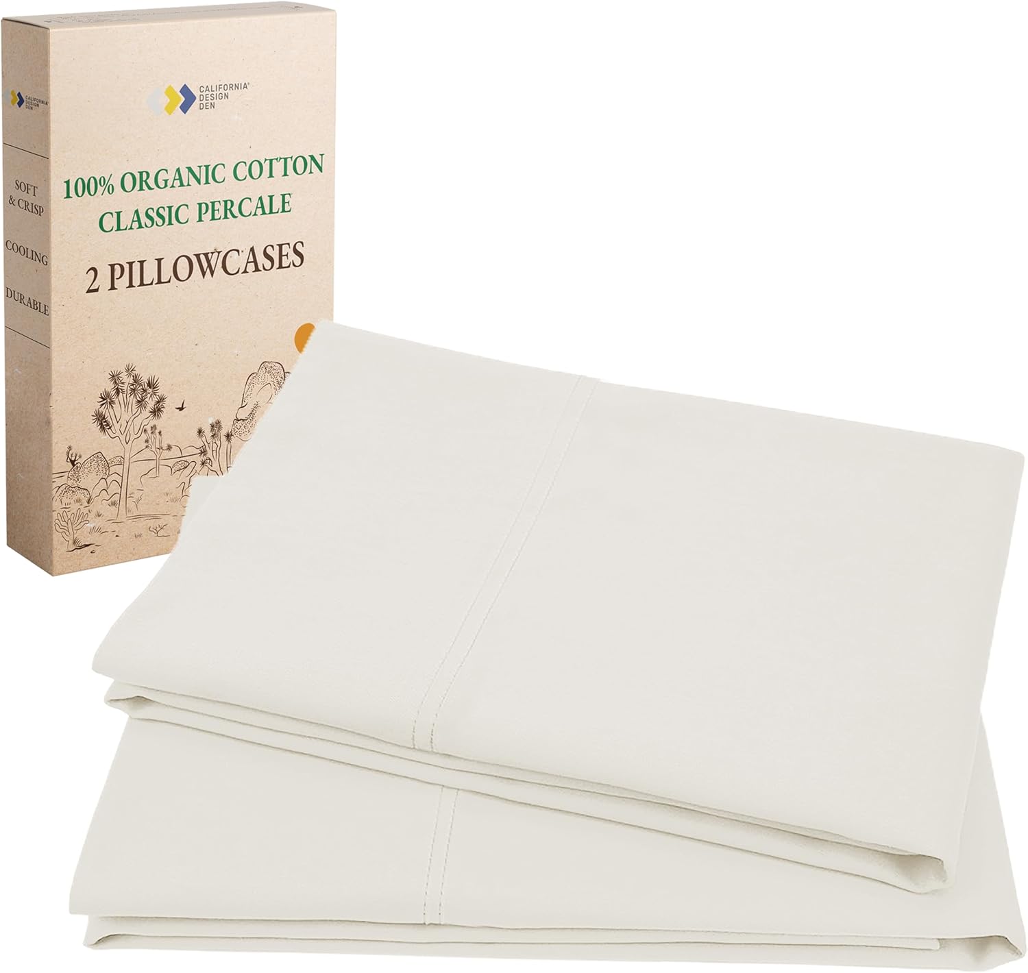 California Design Den 100% Organic Cotton Standard/Queen Pillow Cases 2, Soft Percale Weave Cotton Cooling Pillowcases (Creamy Ivory)
