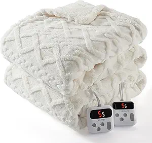 CAROMIO Electric Blanket Queen Size Dual Control - Thick Tufted Sherpa Heated Blanket Queen with 10 Heating Levels and 10 Time Settings, ETL Certified Fast Heating Blanket Queen Size 84"×90", White