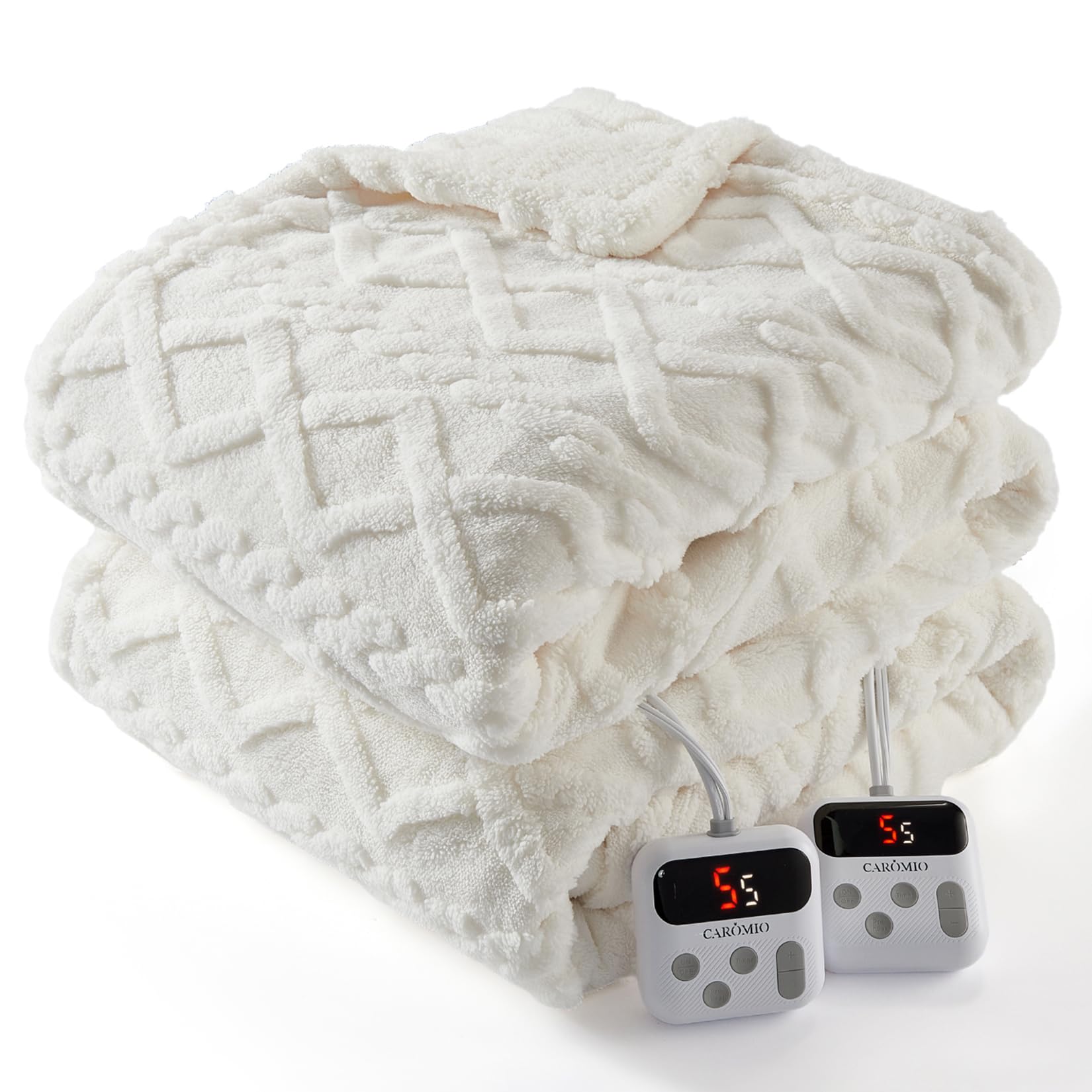 CAROMIO Electric Blanket King Size Dual Control - Thick Tufted Sherpa Heated Blanket with 10 Heating Levels and 10 Time Settings, ETL Certified Fast Heating Blankets King Size 90"×100", WhiteOEKO-TEX STANDARD 100
