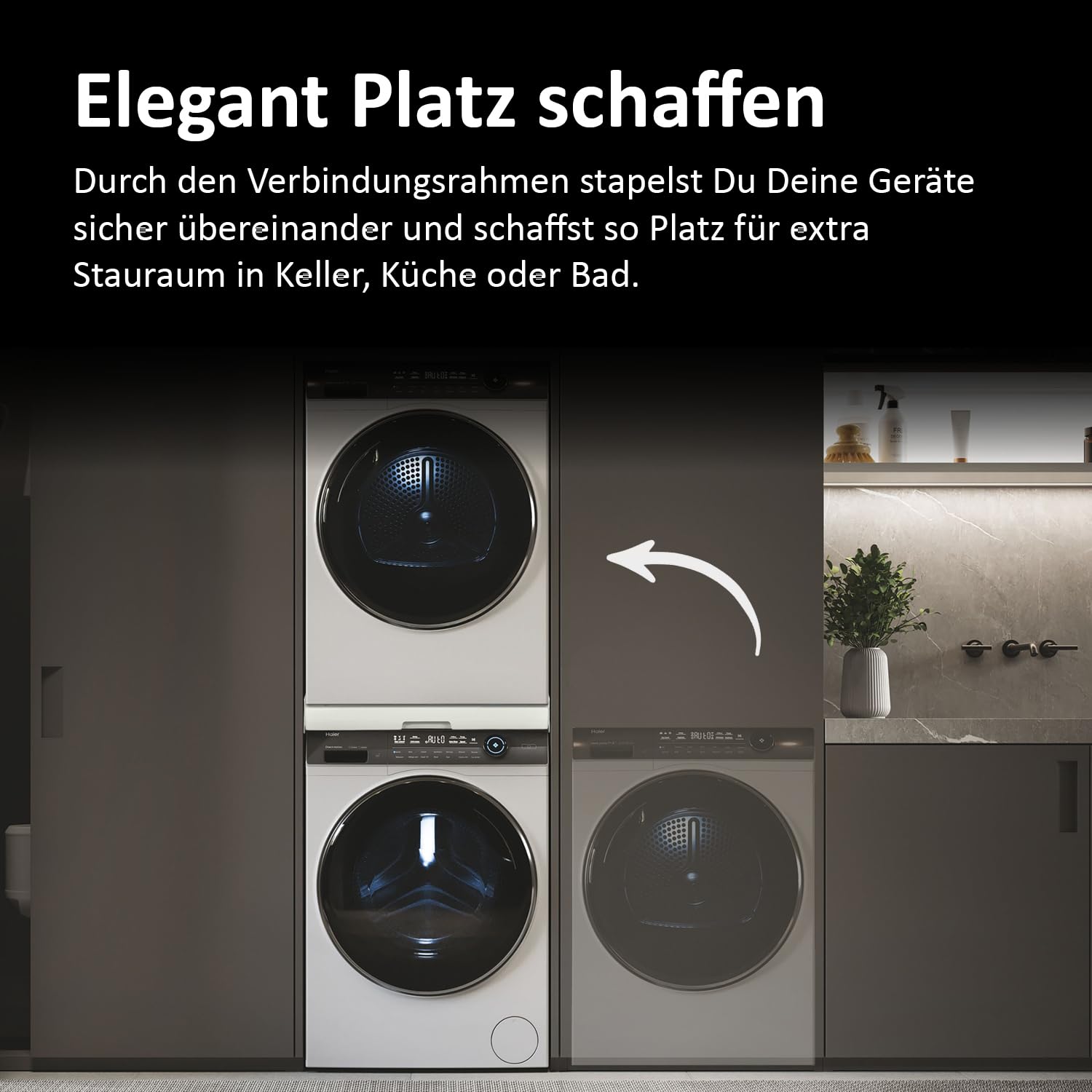 Haier Zwischenbaurahmen für Trockner & Waschmaschine, ausziehbar I Universaler Verbindungsrahmen für Haier Waschmaschine Serie 3, 5, 7 & Trockner Serie 5, 7 I Kippsicherer Zwischenbausatz weiß