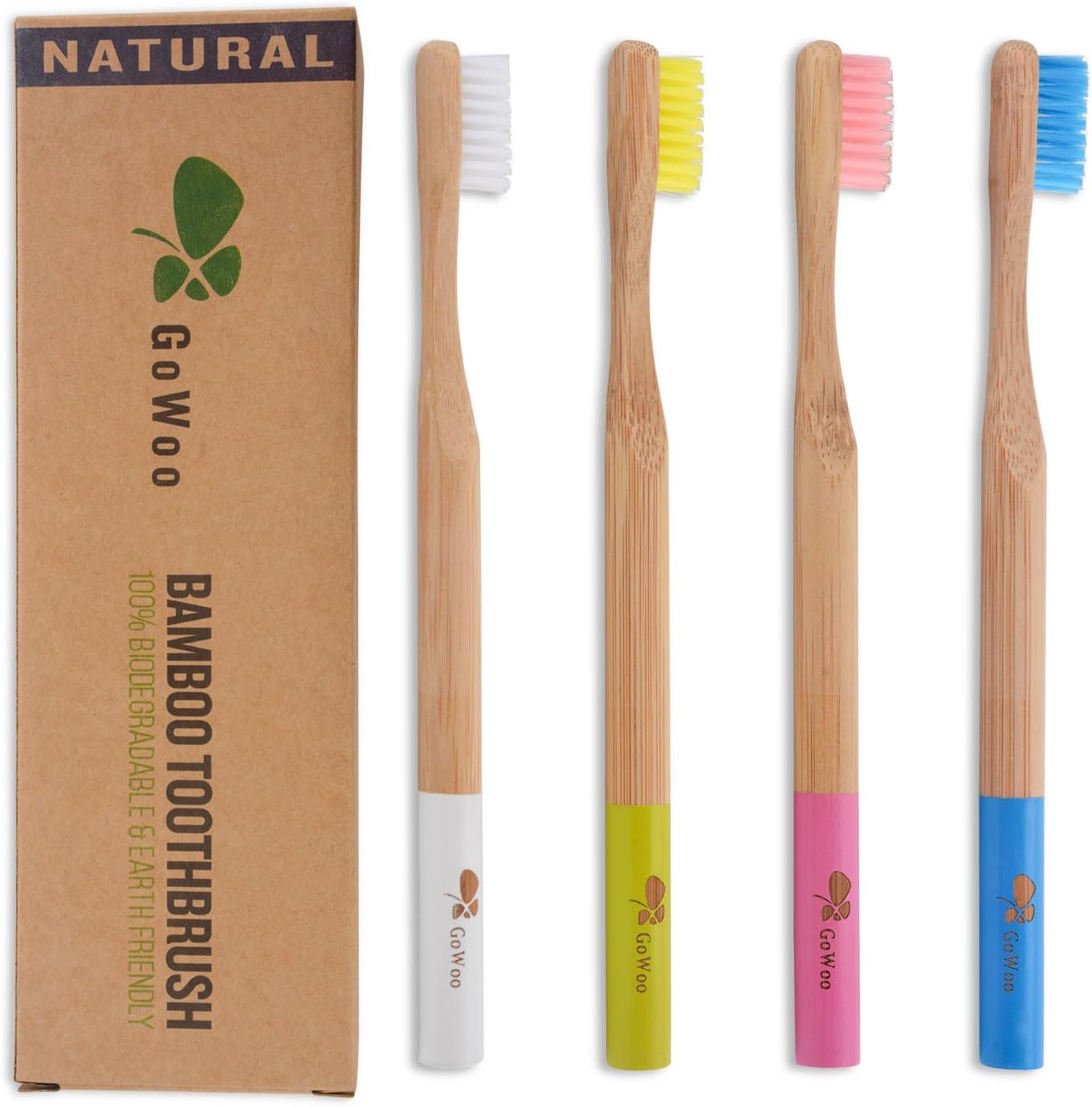 GoWoo 100% Natural Bamboo Toothbrush Soft - Organic Eco Friendly Toothbrushes with Soft Nylon Bristles, BPA-Free, Biodegradable, Dental Care Set (Pack of 4, Adult, Candy)