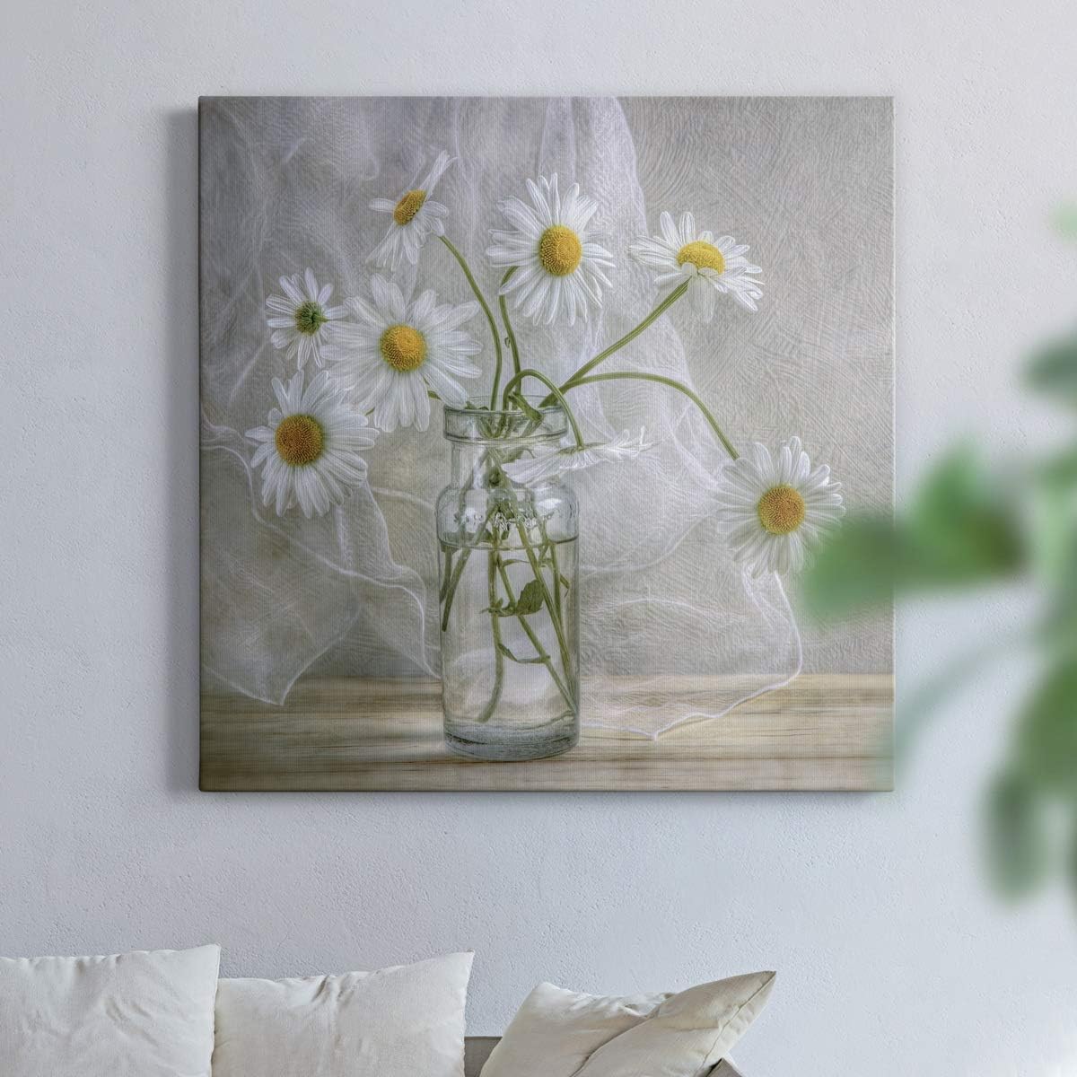 Renditions Gallery Daisies Wall Art, Premium Gallery Wrapped Canvas White Flower in Bottle Wall Decor, Ready to Hang, 24 in H x 24 in W, Made in America Print