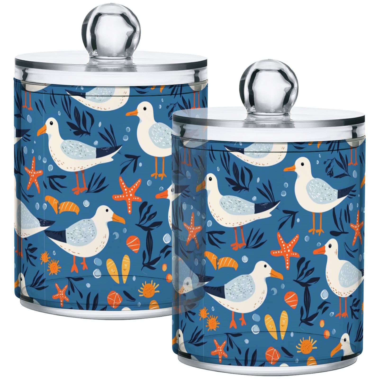 Gredecor 2 Pack Qtip Holder Clear Seagulls Birds (1) Apothecary Jars with Lids Acrylic Bathroom Jars Vanity Countertop Canister Storage Organizer for Cotton Ball,Swabs,Pads,Floss