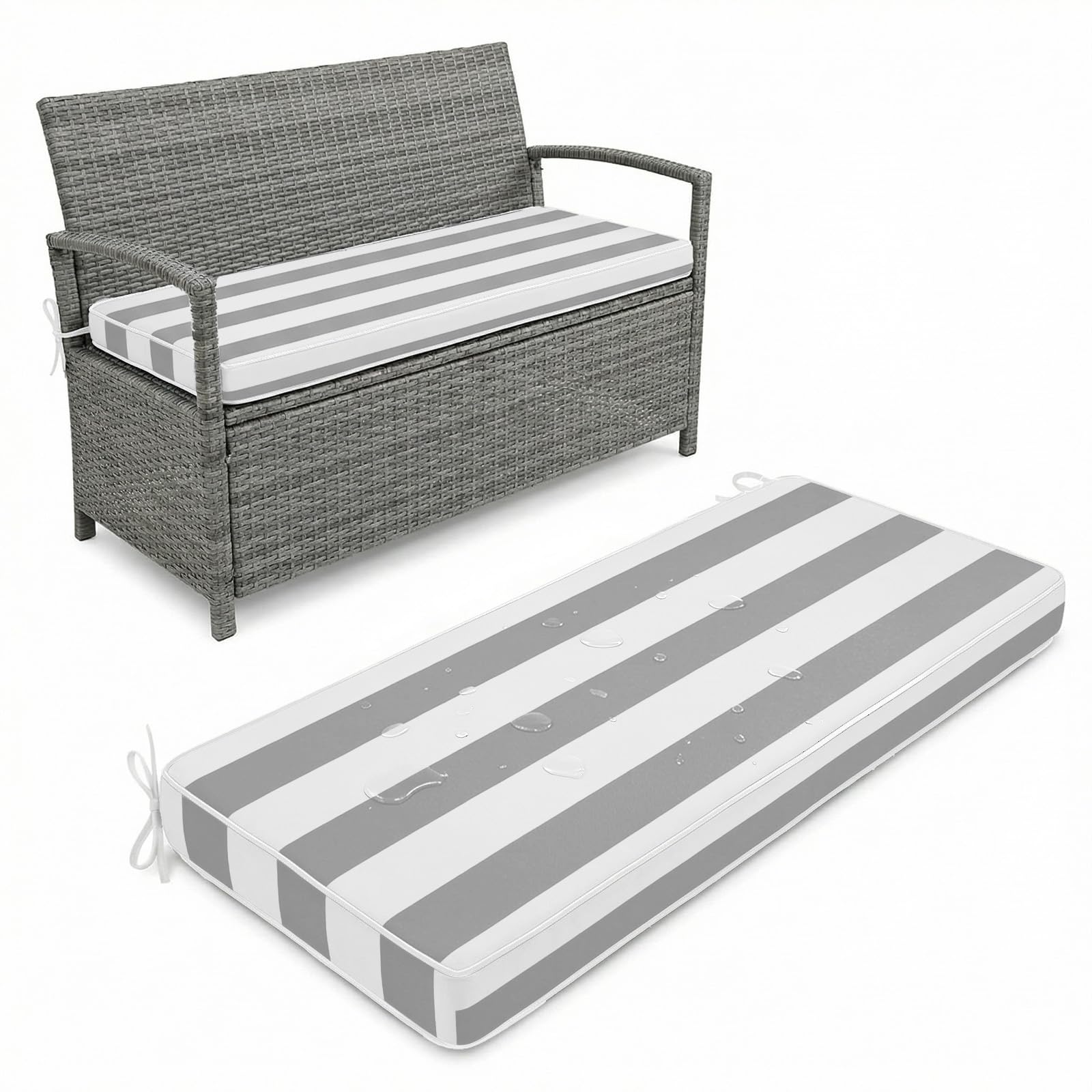 Aocase Waterproof 2/3/4 Seater Bench Cushion 180x35cm Indoor Outdoor Comfortable Extra Thick 5cm Garden Bench Rattan Cushion Pad with Removable Cover for Patio Lawn with Double Piping,Gray Striped