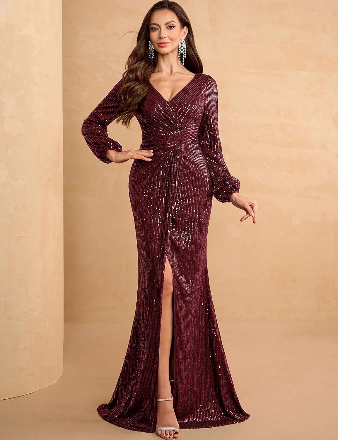 Women's Sexy Long Sleeve V Neck Sequin Long Formal Party Dress Evening Gown