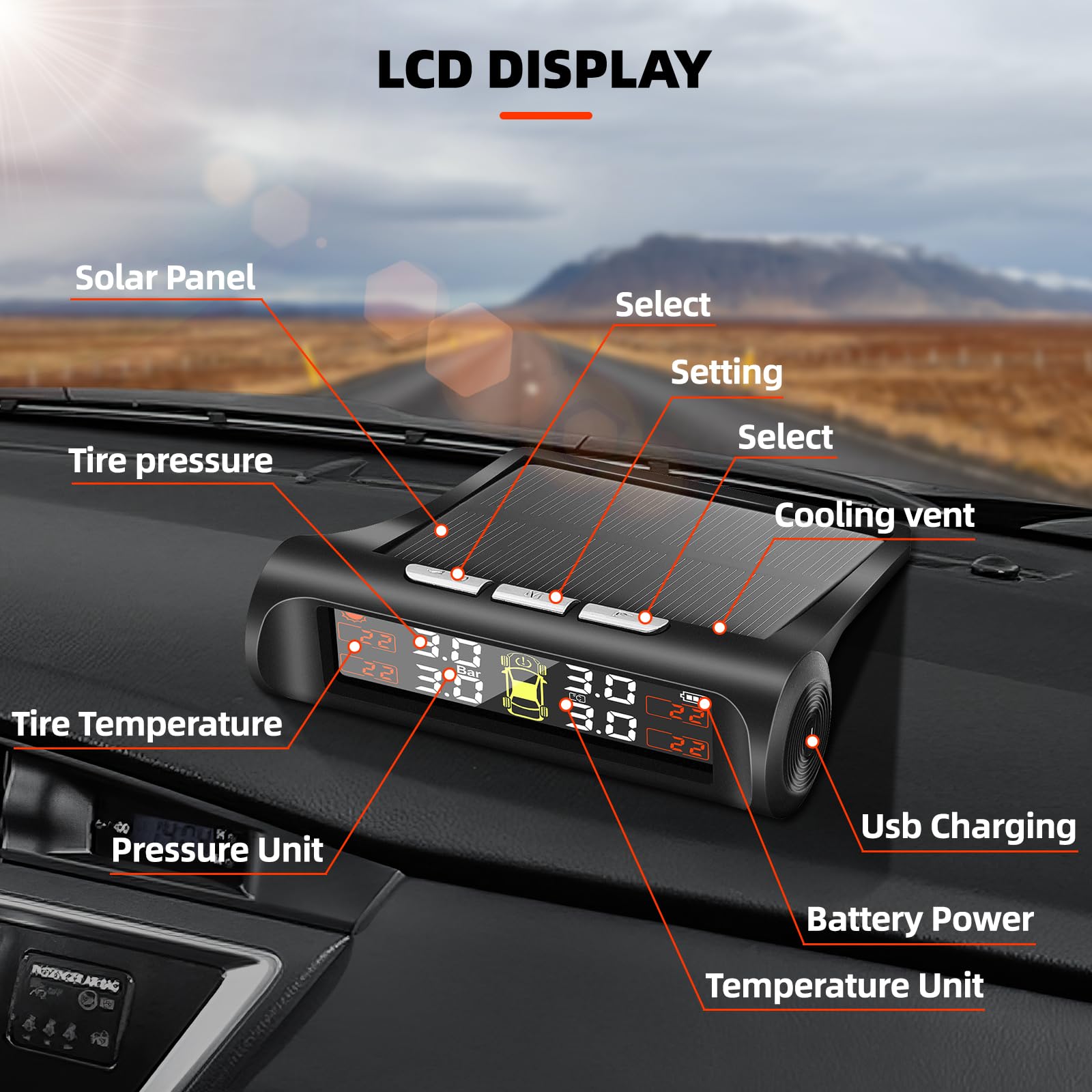 Geloo TPMS Solar bandenspanningscontrolesysteem universeel met 5 alarmmodi bandenspanning met externe bandenspanningssensor 1,5-6 bar voor camper, auto, SUV