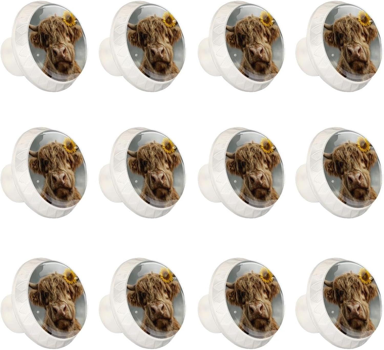 Black Finish Sunflower Highland Cow Printed Drawer Knobs, Stylish Cabinet Hardware for Bedroom Closet, Cupboard and Furniture Upgrade