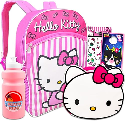 Hello Kitty Mochila con juego de fiambrera para niñas - Mochila Hello Kitty de 16 pulgadas, bolsa de almuerzo Hello Kitty con botella, más Paquete