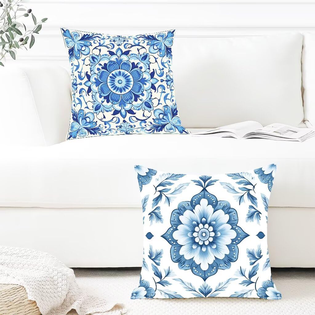 Kissenbezug 80x80 cm 2er Set BlauKissenhüllen 80 x 80 Dekokissen Blume Wasserfestem Leinen Beidseitiger Druck für Zierkissen Sofa Kissen Frühling Sommer Outdoor Heimdekoration Geschenke K-8386B9