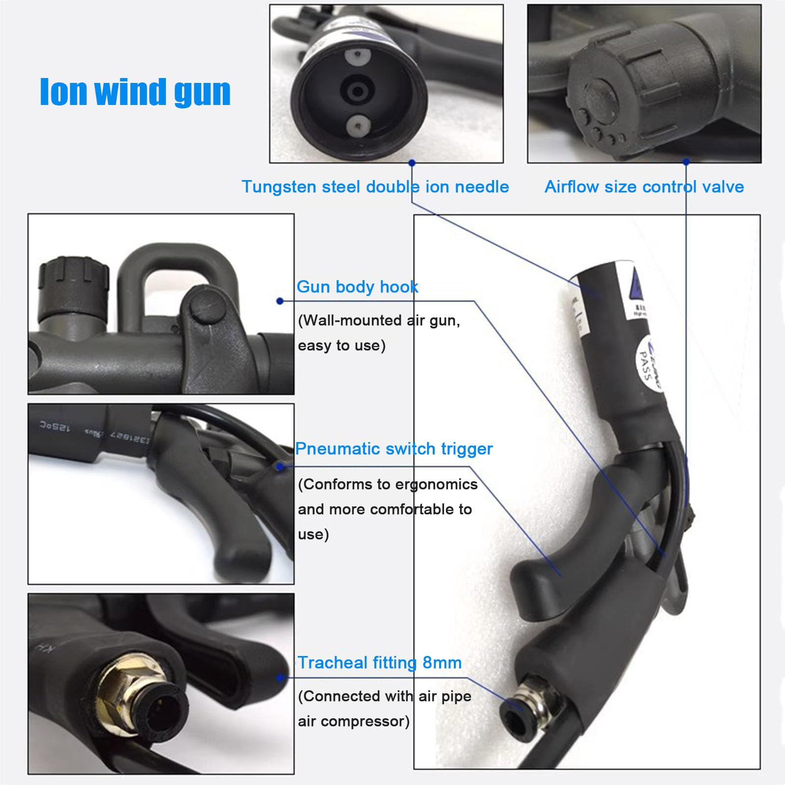 Eliminator statyczny pistolet jonizujący z generatorem wysokiego napięcia do przemysłowego usuwania statycznego i naprawy elektronicznej, równowaga jonowa ± 35 V, ciśnienie robocze 0,4-0,8 MPa
