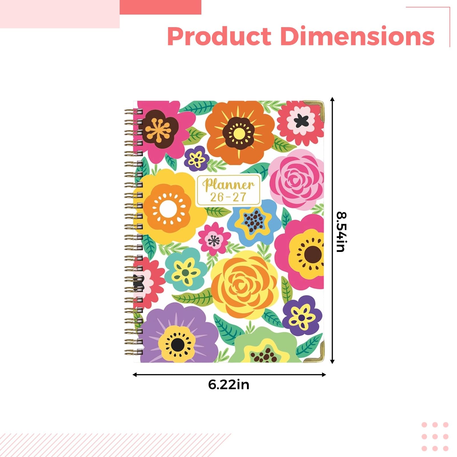 Agenda scolaire juillet 2026 juin 2027, format A5, agenda mensuel à spirale avec papier épais, onglets mensuels, signet PVC, reliure métal double fil et couverture fleurie pour le bureau