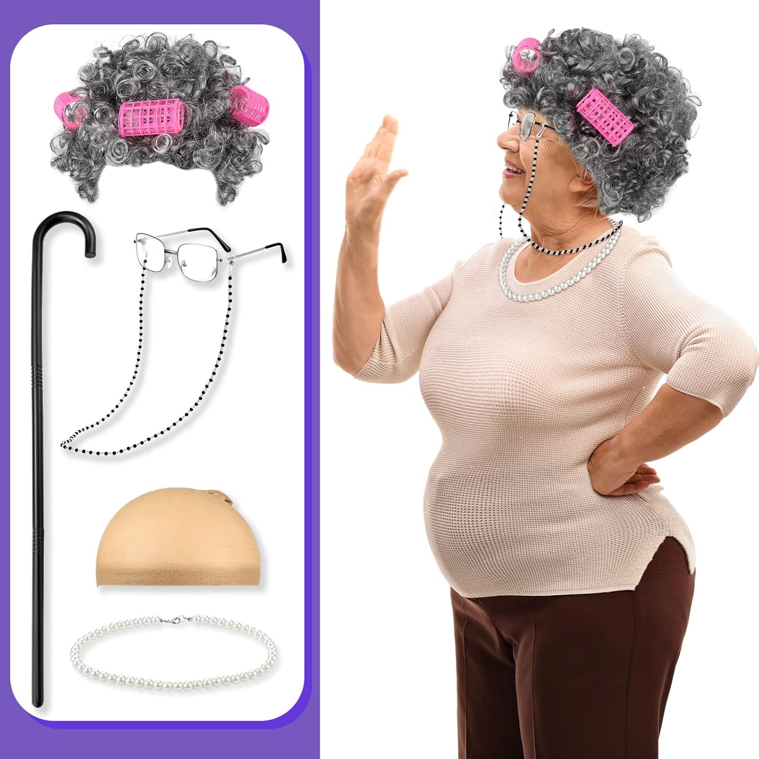 Zhanmai 6 Pcs Old Lady Costume Set Women's Fat Suits Granny Wig Foldable Crutch Wig Cap Glasses Chains Strap Pearl Beads