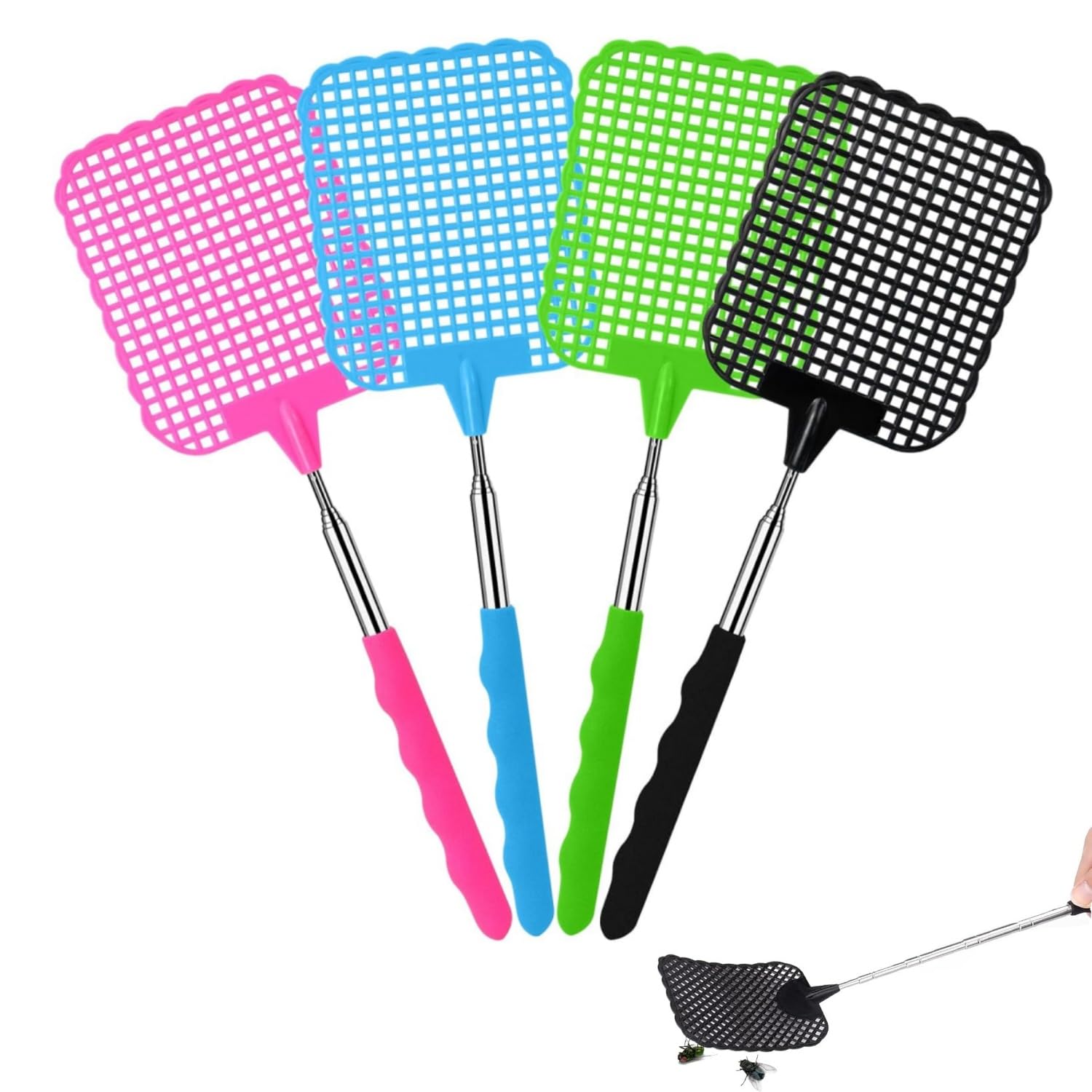 4 Pack Fly Swatter,Extendable Telescopic Fly Swatters with Long Handle,Heavy Duty Plastic Bug Swat for Indoor & Outdoor Use, Manual Fly Killer