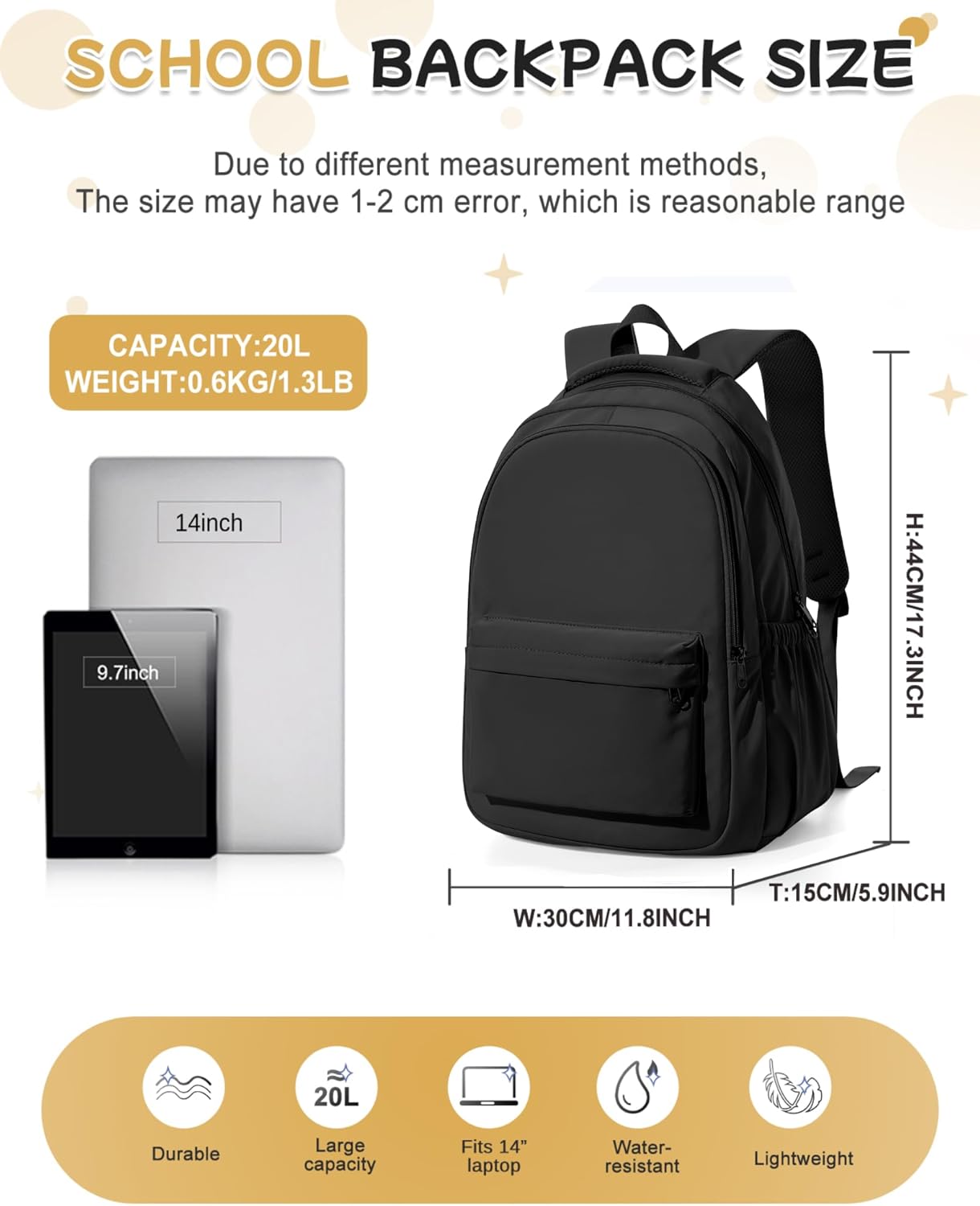 Black School Backpack for Girl Women Boy High School Bag College Backpack Bookbag Lightweight Waterproof Casual Daypack Back Pack - Image 3