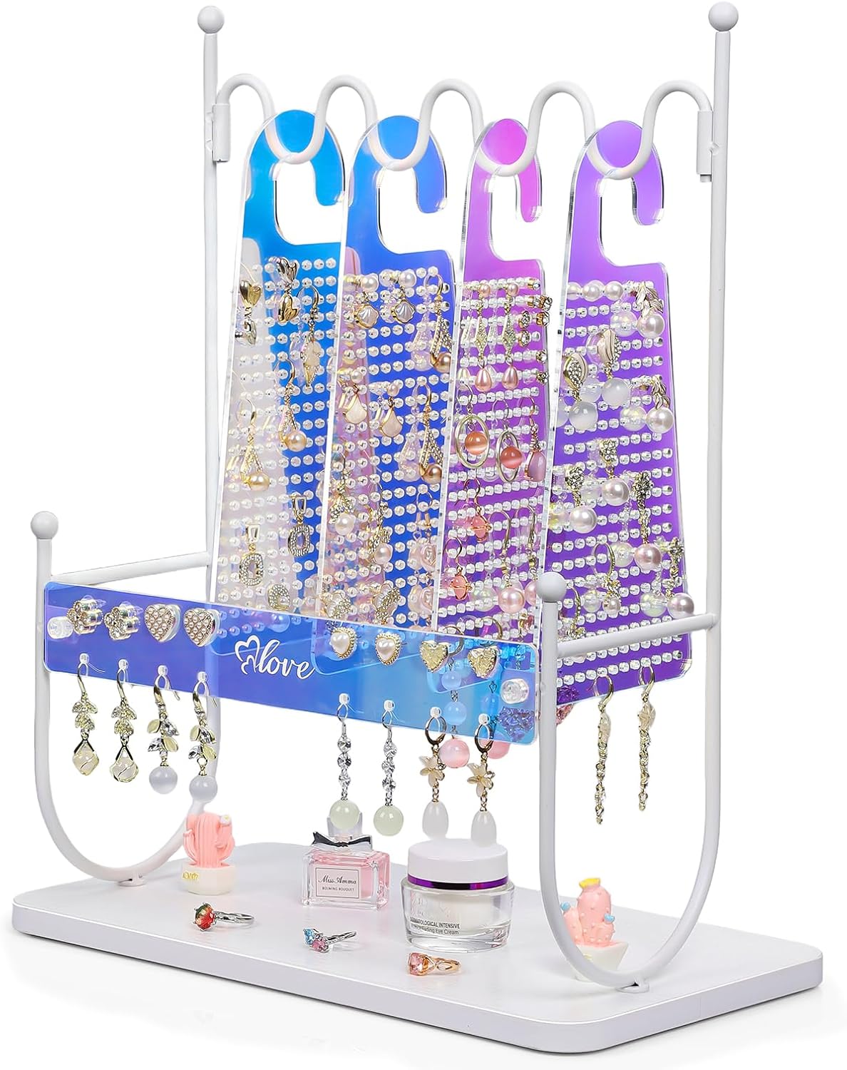 Keebofly Iridescent Acrylic Earring Organizer Holder for Girls, Tweens & Women - 900 Holes Jewelry Display Stand with Rainbow Glow for Studs, Hoops, Dangles - Modern Vanity Gift