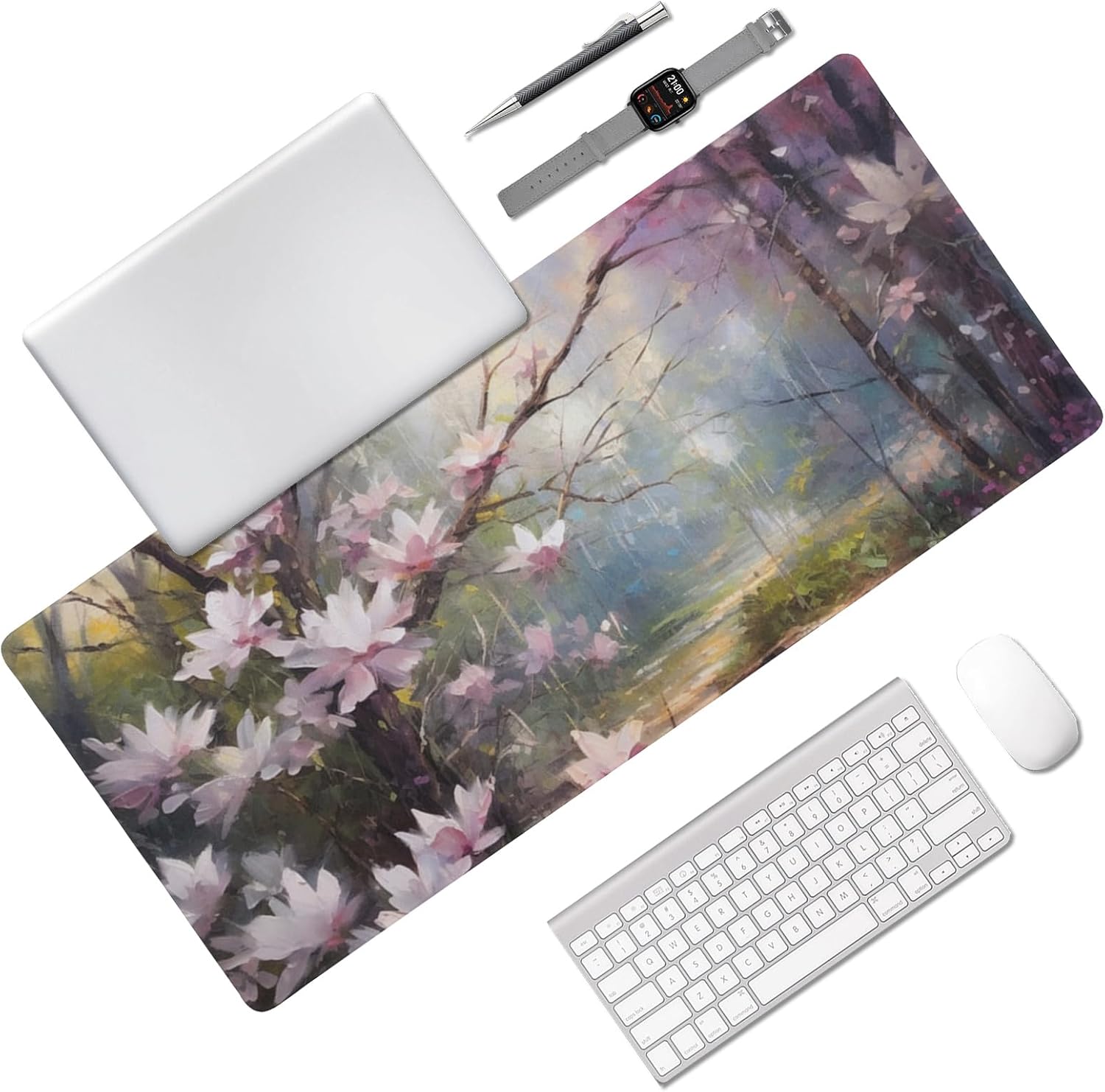 Durable Magnolia Garden Design Mouse Pad 35.5 x 16 Inch with Non-Slip Base, Waterproof, Comfortable for Extended Gaming