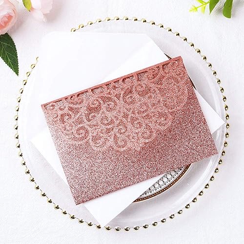 Vista 109 de ponatia 5.12 x 7.2 Invitaciones de boda de corte láser con purpurina negra, bolsillos de invitación triples cortados con láser con sobres