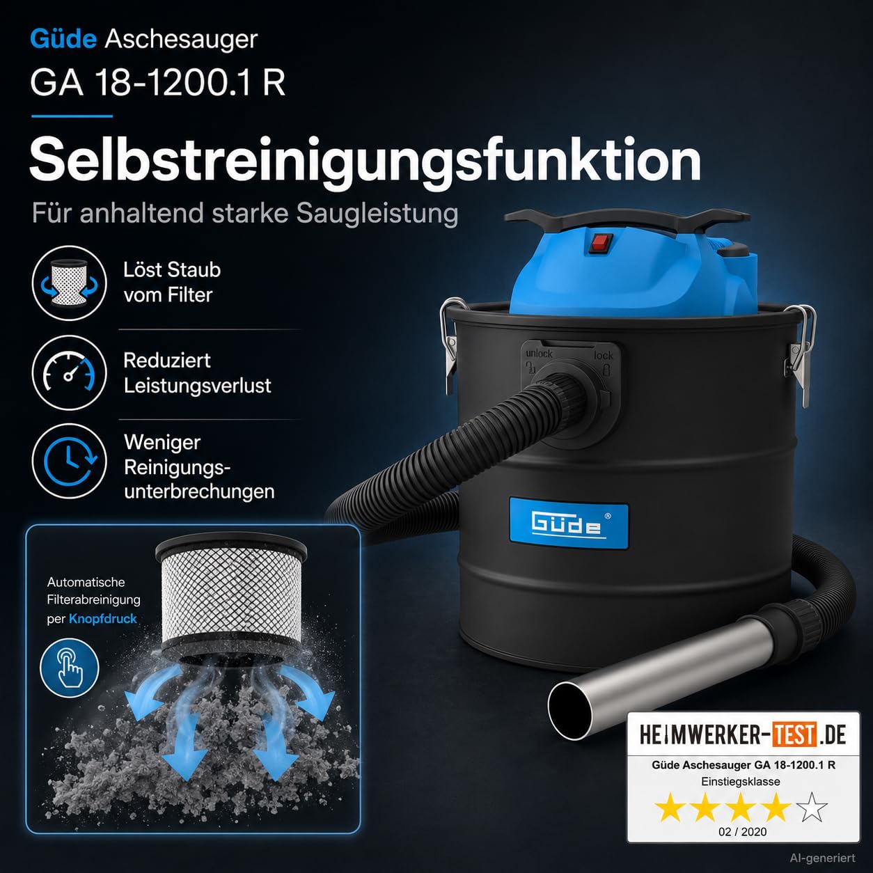 Güde GA 18-1200.1R - Aspiratore per cenere, 230 Volt, 1200 Watt, 18 kilopascal, contenitore da 18 litri, con filtro HEPA, funzione autopulente, tubo di aspirazione in metallo e tubo di aspirazione in