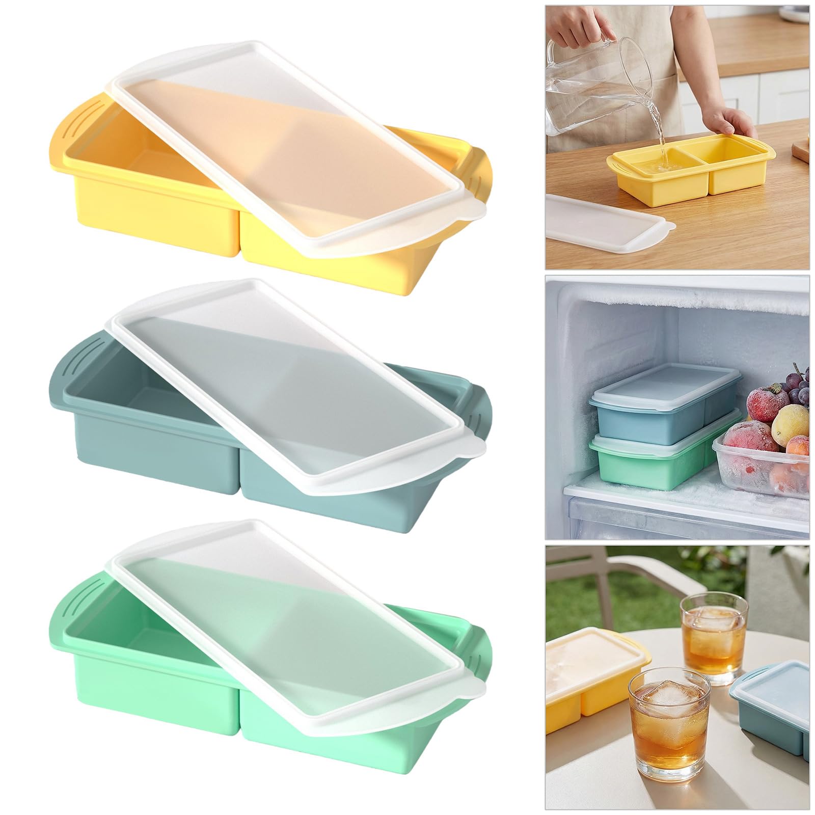 Juego de 2 bandejas grandes de bloques de hielo con cubiertas protectoras ABS resistente para congelar sopas, salsas y bebidas, agarre antideslizante, juego de bandejas de hielo
