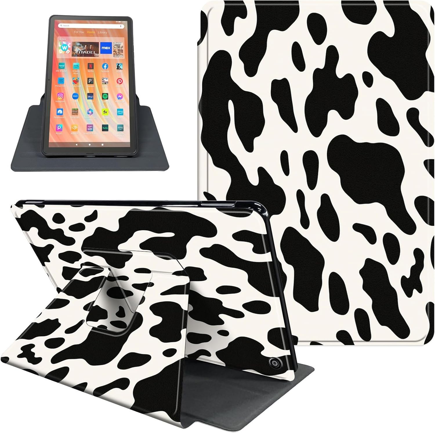 Case for All-New Amazon Kindle Fire HD 10 Tablet (13th Generation, 2023 Release) 10.1", 360 Degree Rotating Folio Stand Smart Cover for Fire Tablet 10 2023, Auto Sleep/Wake, Cow Print