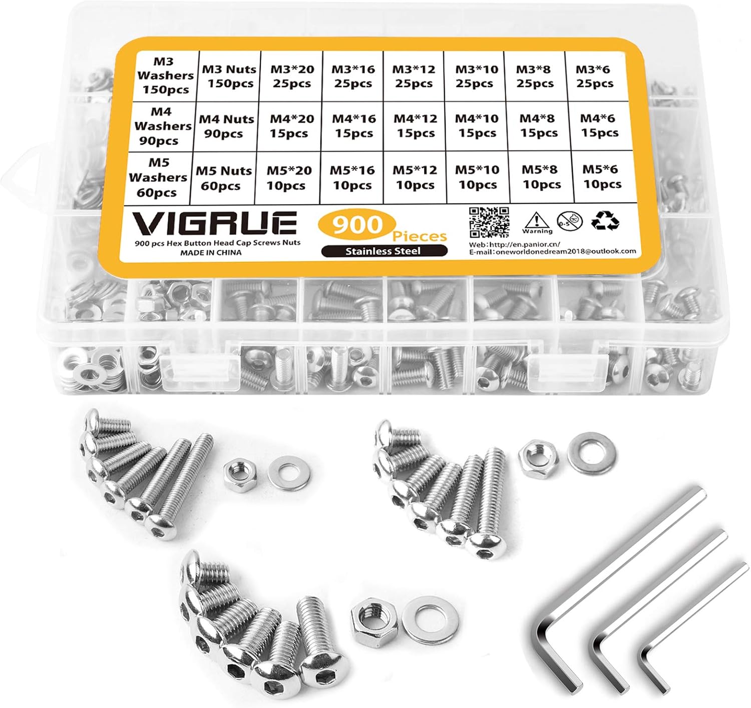 VIGRUE 900Pcs Screws Bolts Nuts Washers Hardware Assortment Kit,Metric M3 M4 M 5 Hex Button Socket Head Cap Screws Nuts Assortment Set Kit