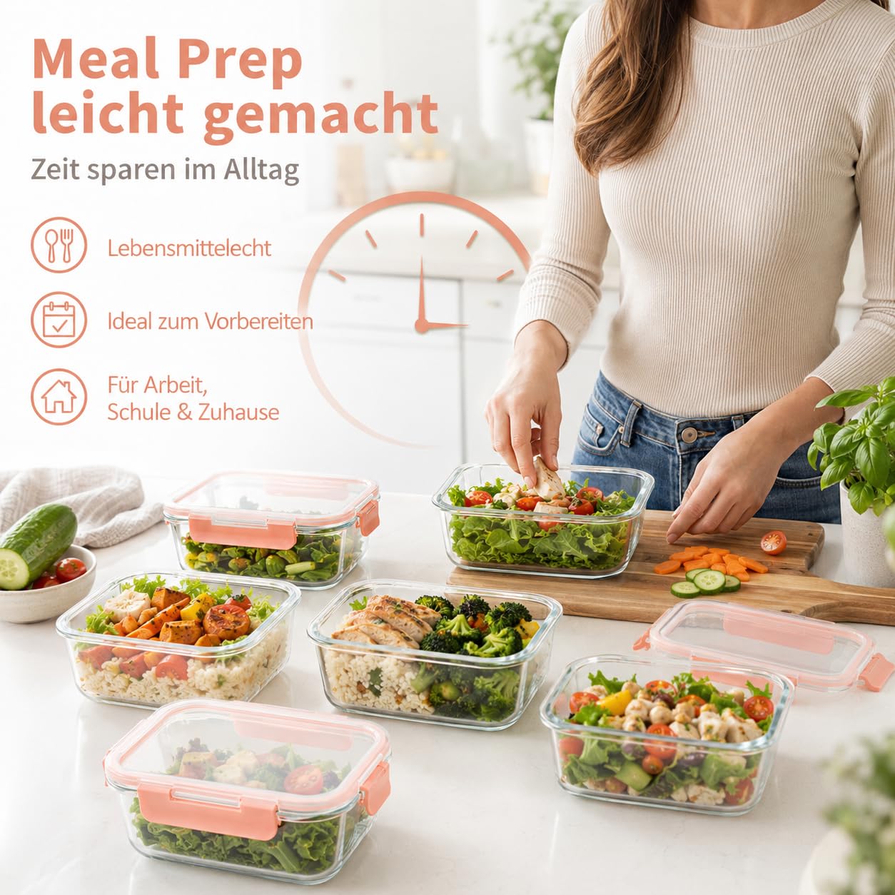 Fenger Set di contenitori salvafreschezza in vetro, contenitori per il pranzo, contenitori in vetro con coperchio, lavabili in lavastoviglie, adatti al microonde e al congelatore, a prova di perdite