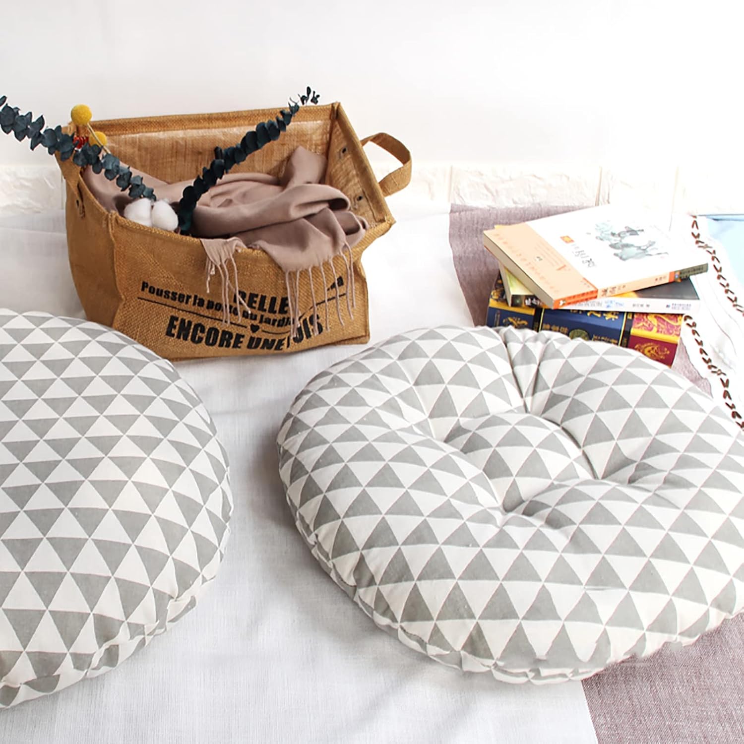 Round Seat Cushion,Cotton Linen Geometric Chair Cushion Soft Thicken Yoga Meditation Cushion,Kitchen Office Dining Ottoman Floor Pillow Chair Pad for Living Room Balcony-F Diameter:50cm(20inch)