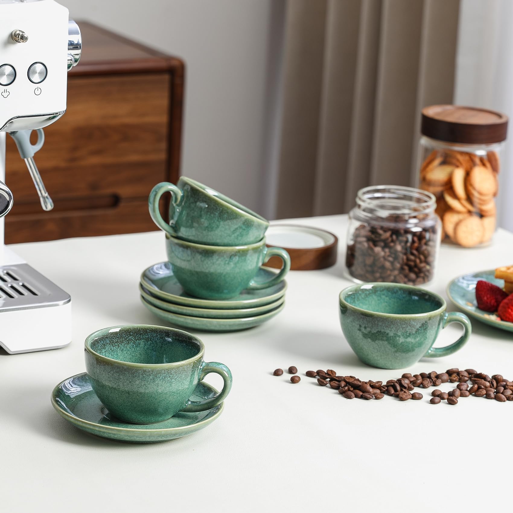Kaffeeservice Porzellan, Kaffeeset Grün 4er - 240ml, Handmade Kaffeetassen Set für 4 Personen, Beinhaltet Kaffeetassen, Untertassen