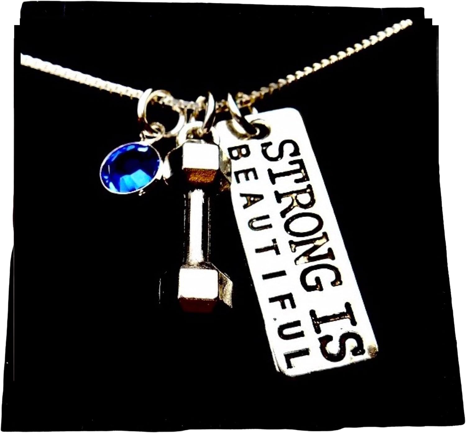 Strong is Beautiful, 18" Sterling Silver Box Chain, Dumbbell Charm, Necklace, Weight Lifting, WorkOut Necklace, Inspiration Weight Loss, Fitness Charm,