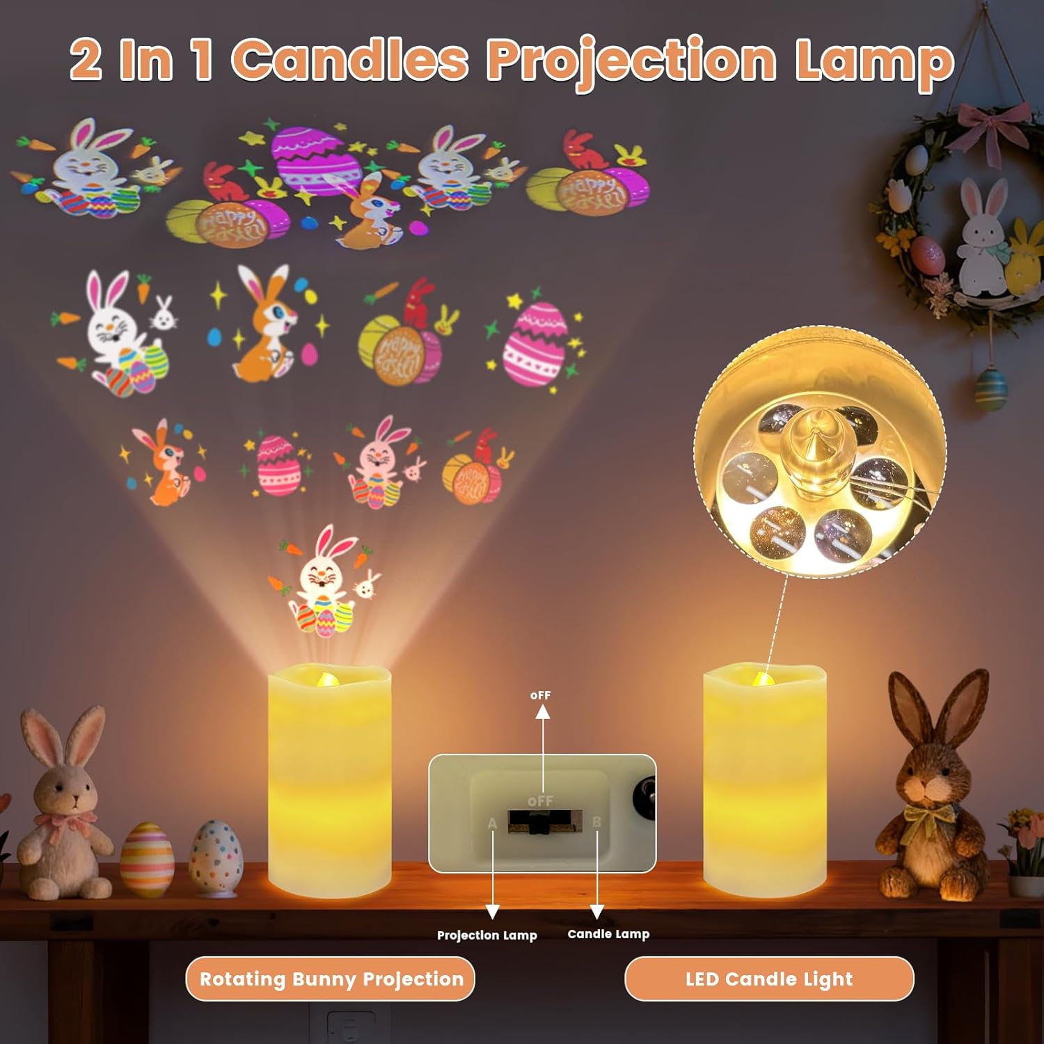 AVEKI Easter Flameless Candles Projector, Bunny and Egg LED Pillar Candles with Remote and Timer, Real Wax Battery Operated Projection Light for Spring Farmhouse Decor, Gifts for Women Mom (A-Easter)