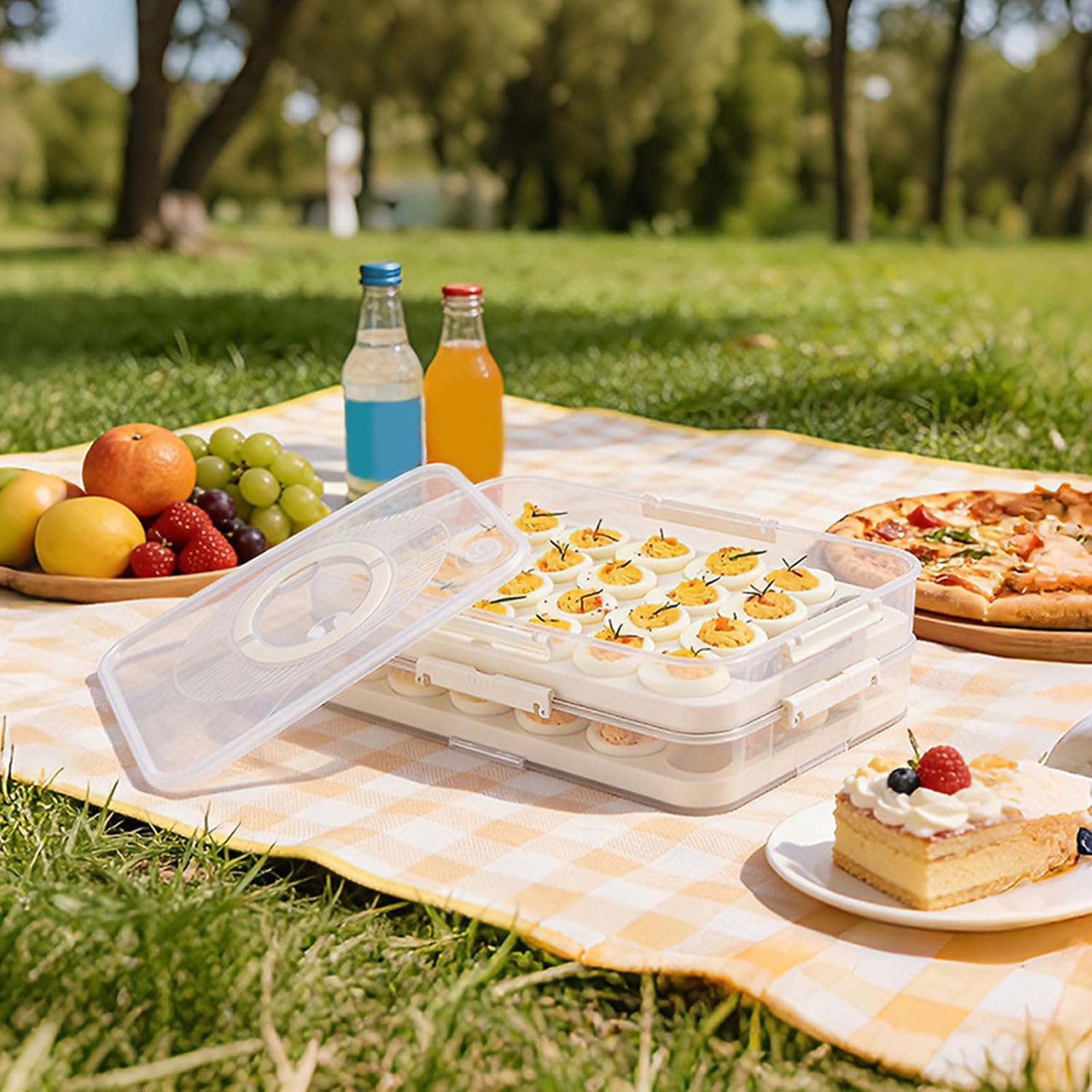 Multipurpose 2/1 Levels Eggs Holder with Nonslip Base and Easy Grip Handle Rack for Safe Transport and Storage Tray with Lid