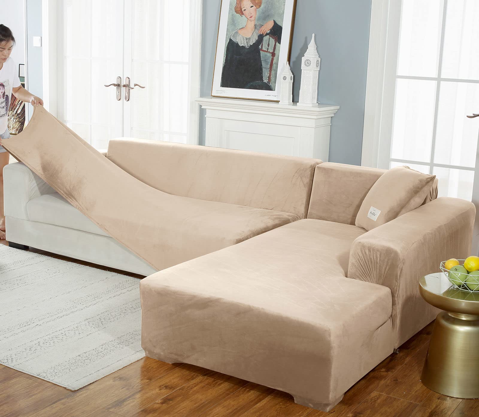 Stretch Samt Sofabezug L Form-Beigegrau-2 Sitzer+3 Sitzer | Weich Bequem Anti-rutsch überzug ecksofa Waschbarer Für Kinder Haustiere Hunde Katzen