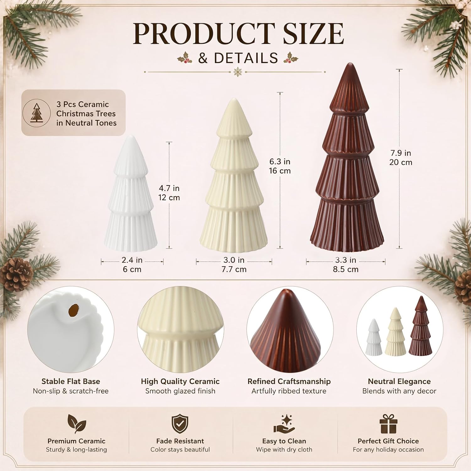 Amyhill 3 Pcs Ceramic Tabletop Christmas Tree Decorations Neutral Christmas Decor Freestanding Xmas Tree Figurines in Ivory, Beige and Brown for Mantel Shelf Living Room Home Decor Gifts(Round)