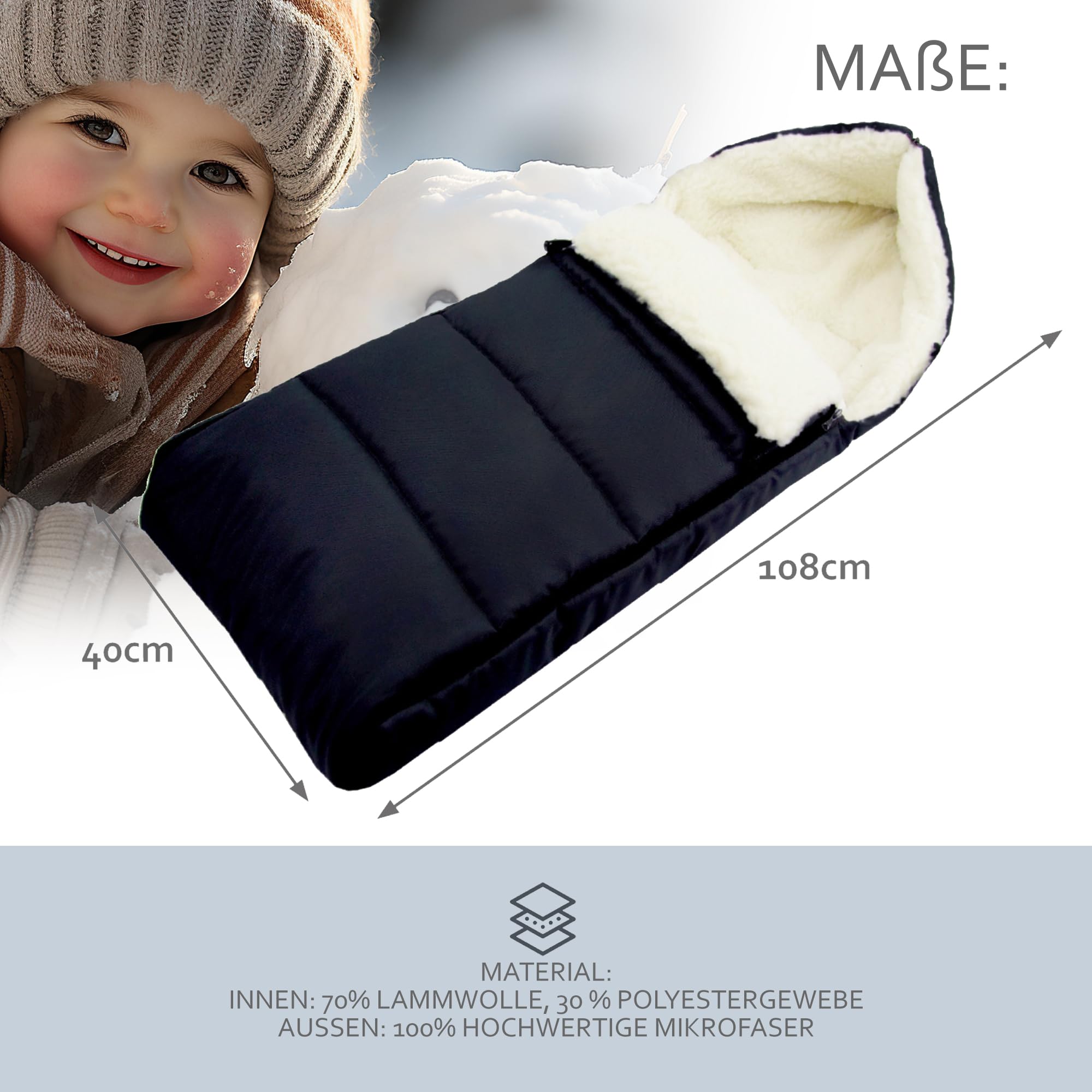 BAMBINIWELT Fußsack aus Lammwolle 108 cm – Winterfußsack für Kinderwagen, Buggy, wasserabweisend (schwarz)