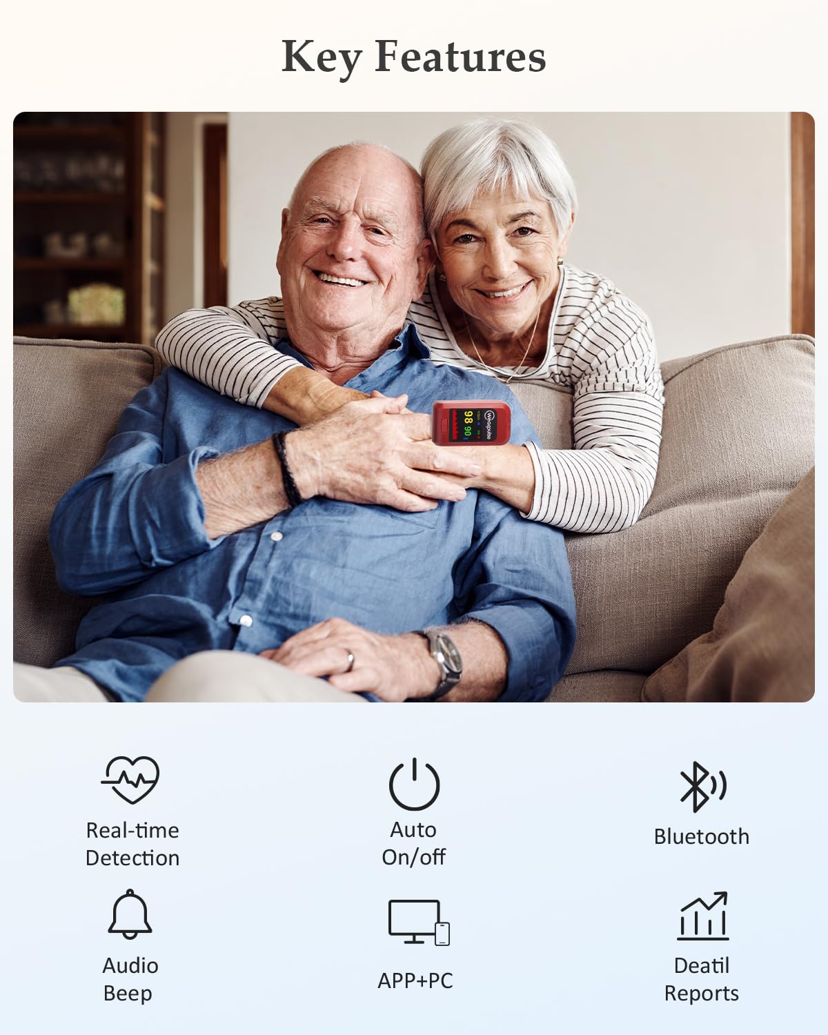 Wearpulse Pulse Oximeter & Oxygen Monitor, Adult Meter for Finger, Tracks Blood Oxygen, Pulse Rate, Features Audible Beep, Free App Reports