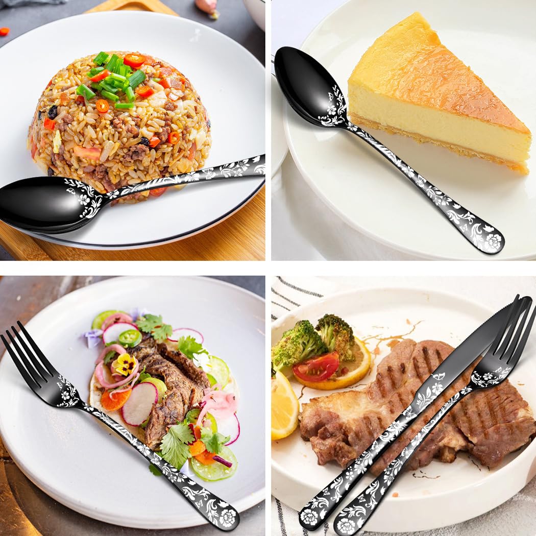 XIAOYU Juego de cubiertos negros de 40 piezas, de acero inoxidable apto para uso alimentario, para 8 personas, con diseño de mariposas y flores, ideal para restaurantes y hogar