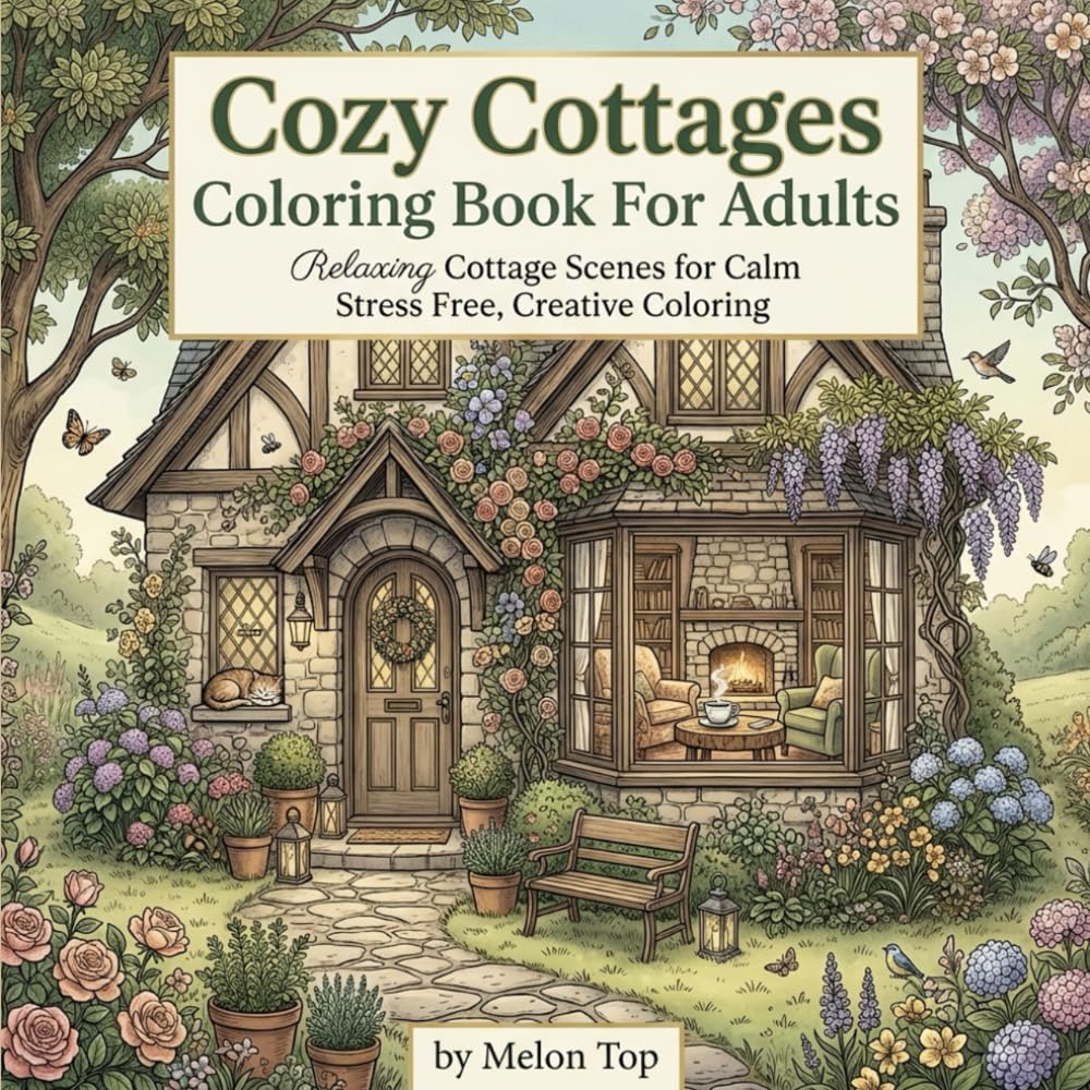 Cozy Cottages Coloring Book For Adults: Relaxing Cottage Scenes for Calm Stress Free, Creative Coloring