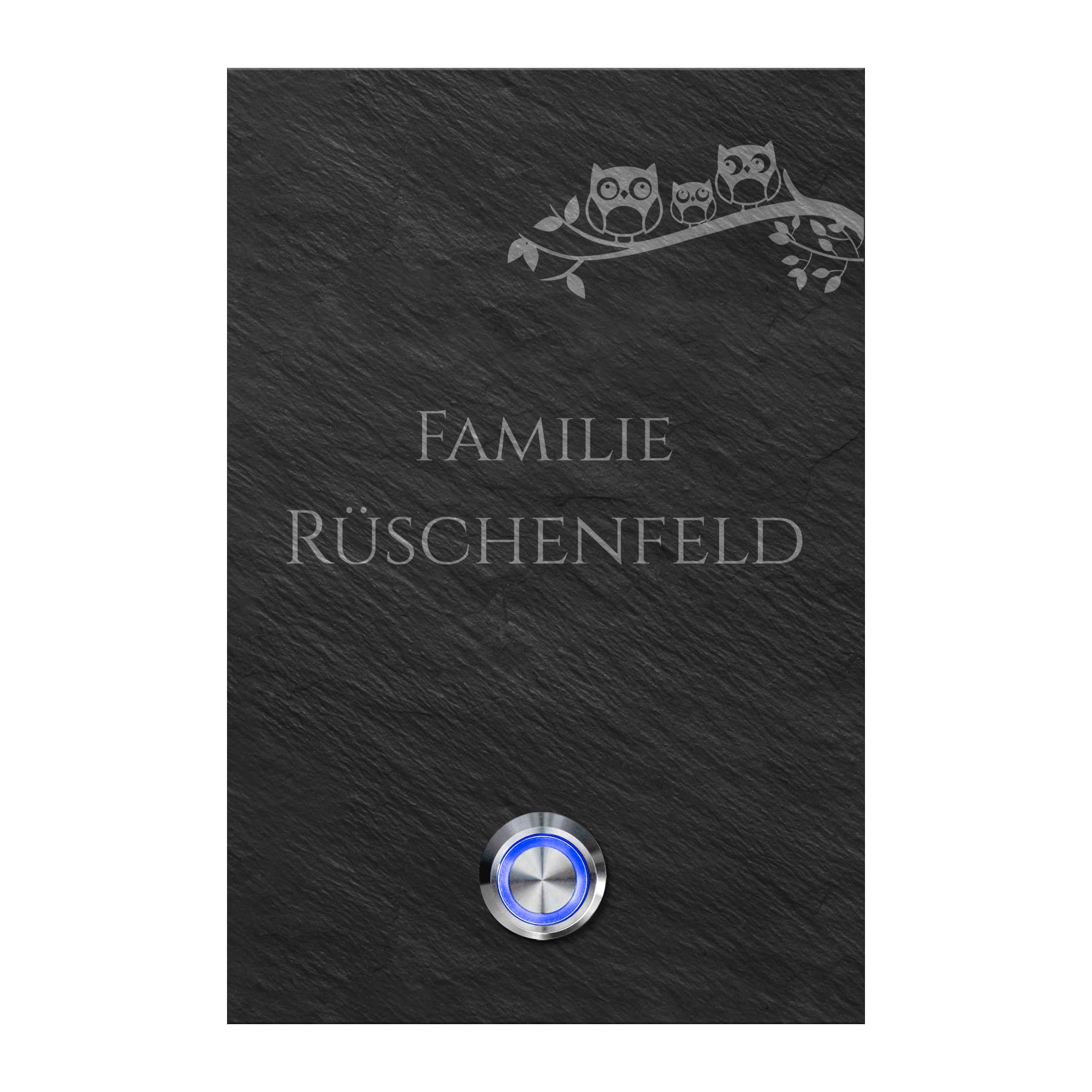 Schiefer Türklingel mit Gravur und LED-Klingelknopf und über 100 Motive | Modell: Rüschenfeld-sch | 10x15 cm Klingel-Taster Klingelschild Klingelplatte Namensschild beschriftet