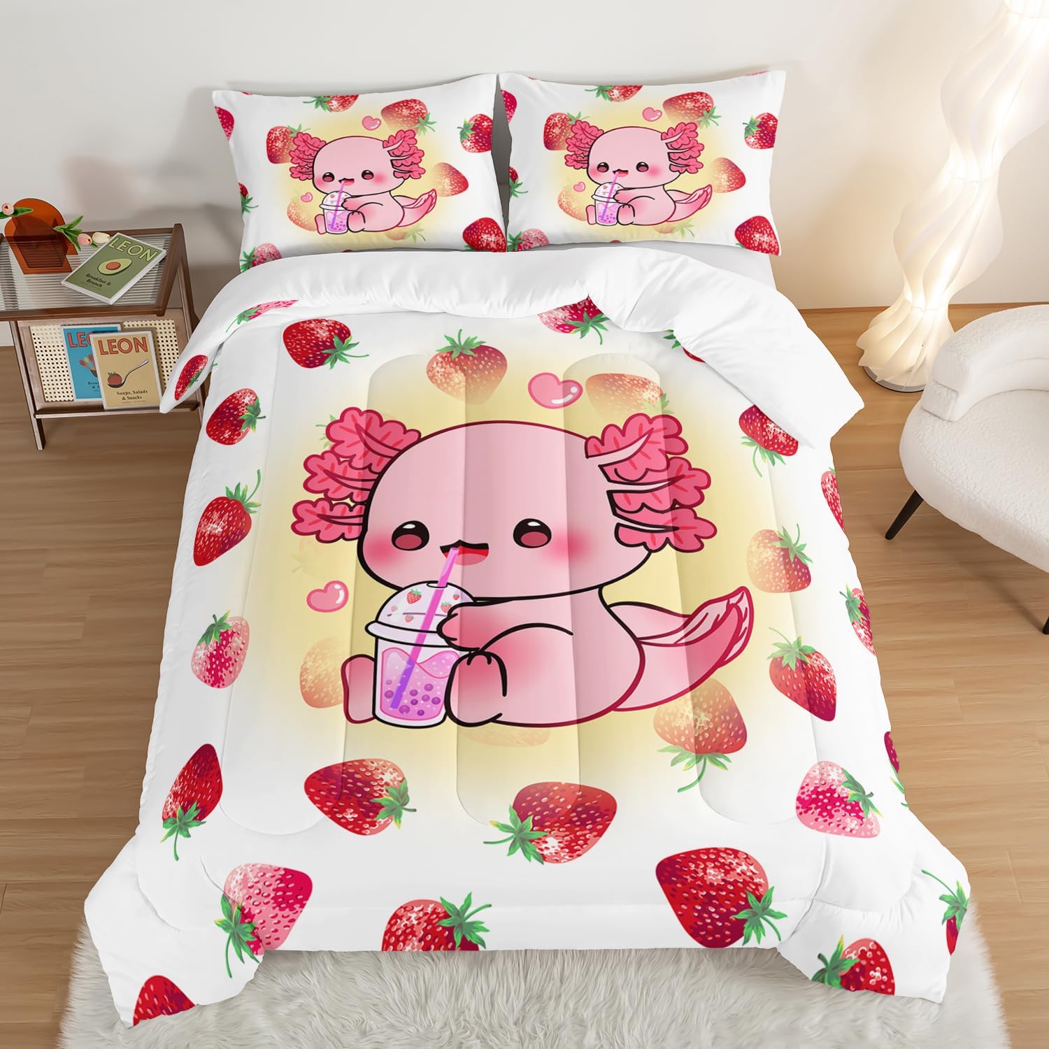 HOSIMA Pink Kawaii Axolotl Bedding Comforter Set for Kids,Cartoon Strawberry Milk Tea Print Queen Size Comforter Set Bedroom Decoration for Children Girl with 2 Pillowcases.