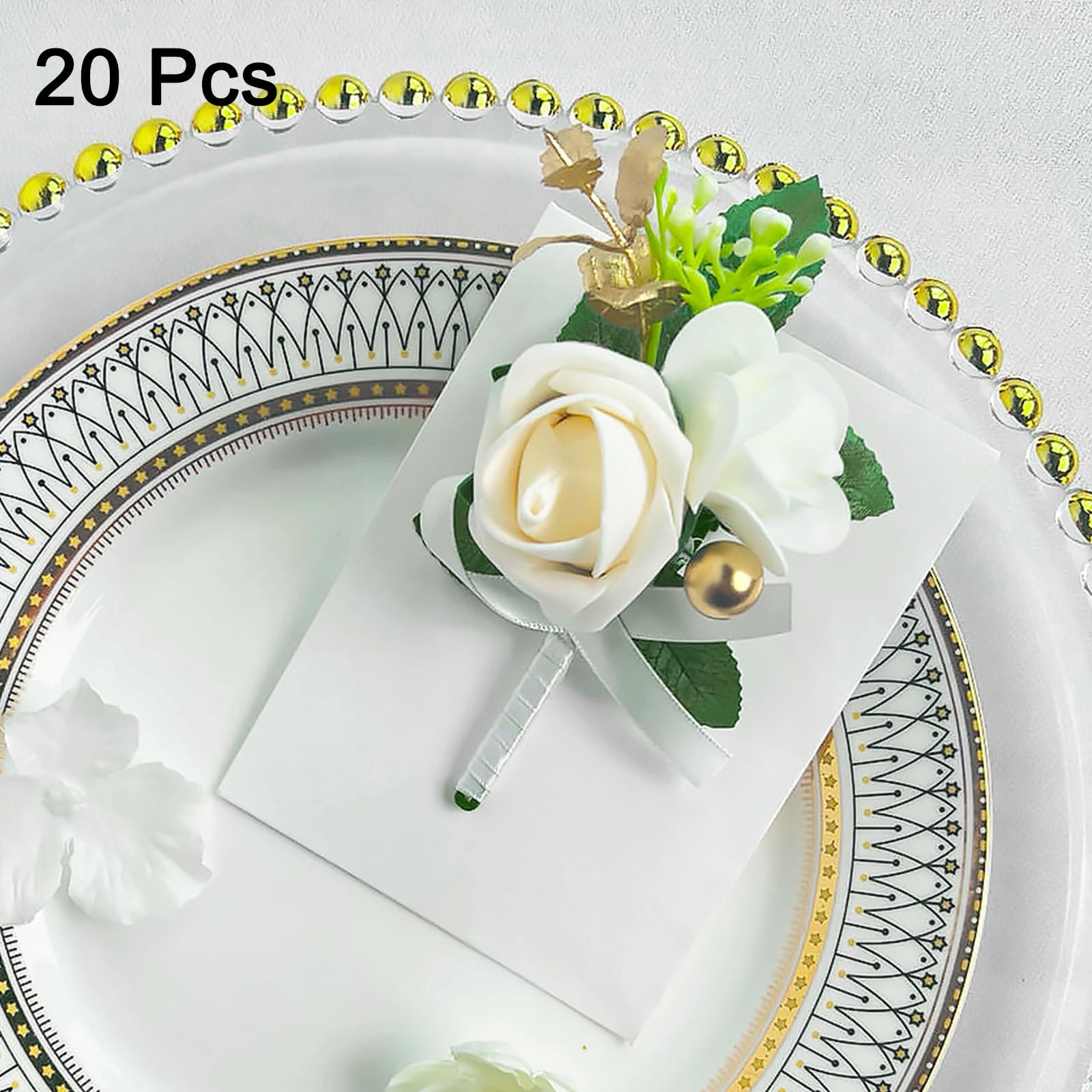 QUARKZMAN 20 Stück Champagner-Blumenanstecker für Männer, künstliche Blumenknopflöcher Taschen-Corsage mit Anstecknadeln für Hochzeit Braut Bräutigam Zeremonie Jubiläum formelle Party