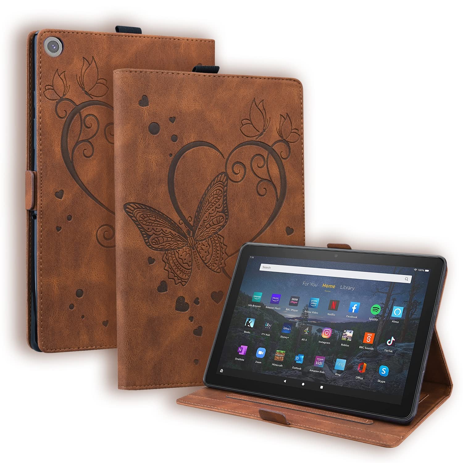 Podróż na tablecie Dla Kindle Fire HD 8. Tablet 2018/2017/2016 Case / 7. 6. Motyl wytłoczony stojak składany pokrywa ochronna Pu Skórzana klapka Slot PC. Sprawa(Kahverengi)