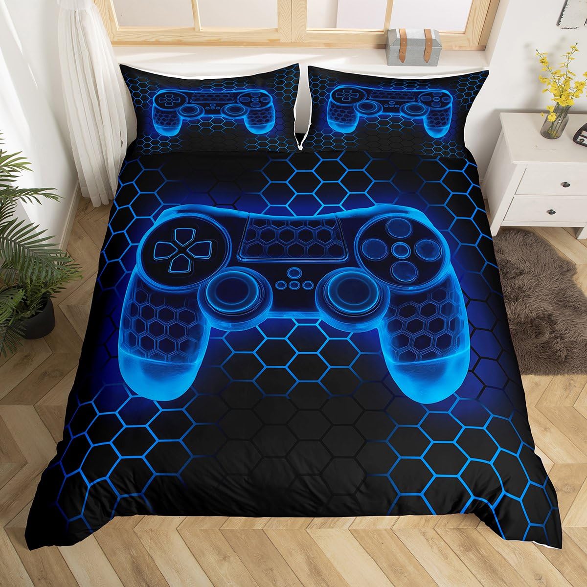 Loussiesd Honeycomb Gamer Duvet Cover Set Cot Size For Kids Teens Boys Gaming Geometric Bedding Set Blue Hexagonal Gamepad Comforter Cover with 1 Pillowcase Modern Art Game Room Decor Beds Set — image 1